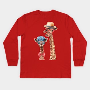 giraffe wearing glasses hats hand drawn Kids Long Sleeve T-Shirt